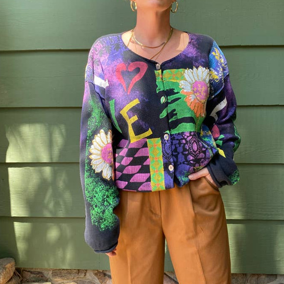American Vintage Sweaters - Vintage 80s Kolor Way painted cardigan wearable art